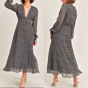 RESET by Jane Olivia Midi Dress Long Slv Floral Pinstripe Sz S Button Front